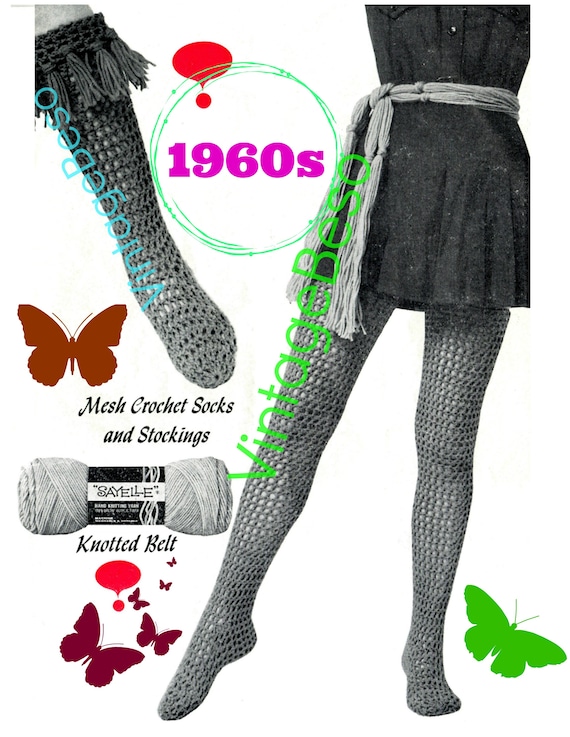 3 Crochet Patterns • Knee Socks Crochet Pattern + Stockings Crochet Pattern + Belt Crochet Pattern • 1960s • Watermarked PDF Only