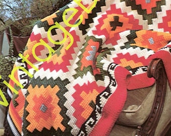 Vintage 1970s Afghan Crochet Pattern: Geometric Indian Design (Watermarked PDF)