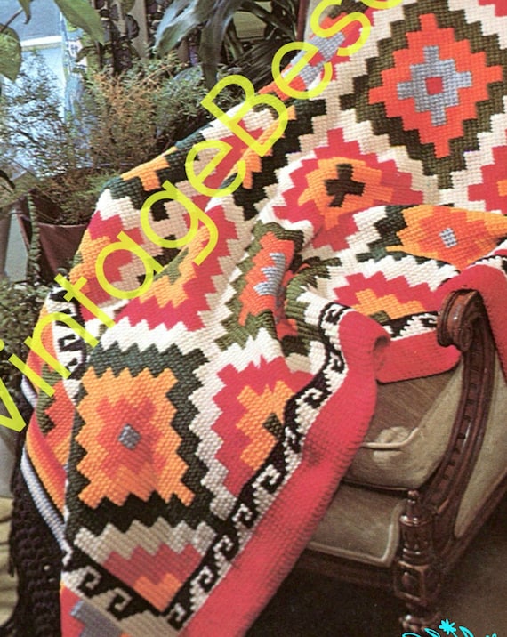 Geometric Indian Afghan Crochet PATTERN • Native American • Vintage 1970s Pattern use Afghan Stitch with Afghan Hook • Watermarked PDF Only