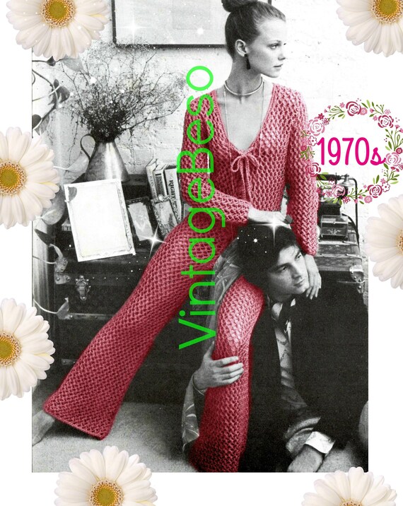 Jumpsuit KNITTING Pattern • Watermarked PDF Pattern • Vintage 1970s Cling Jumpsuit • Sexy Vixen • Peekaboo Long Sleeve Jumpsuit