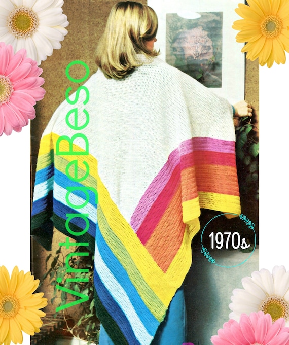 Rainbow Shawl CROCHET Pattern • Vintage 1970s • Unique Simple Bright Beautiful Stripes • Geometric • UK Terms • Watermarked PDF Only