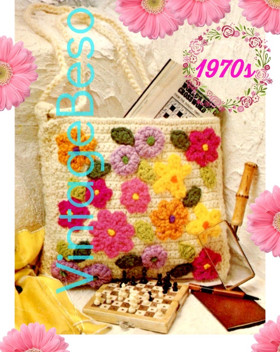 EASY Bag Crochet Pattern • 70s Vintage Bag • Flower Power Purse • Handbag • Colorful • Retro Fun Tote • Happy Bright • Watermarked PDF Only