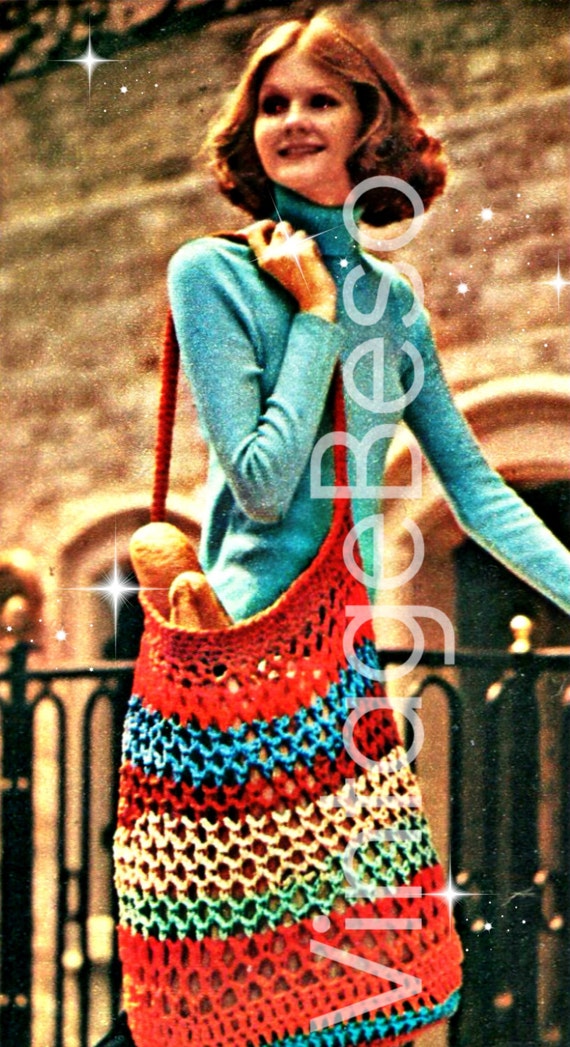 Vintage Crochet Pattern • Stretchy Tote BAG • EASY 1970s Big and Roomy All Purpose Tote Bag • Watermarked PDF Pattern