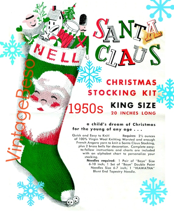 Knit Christmas "SANTA FACE" Stocking Classic Knitting Pattern Quick Easy to Knit 50s "Nell" Columbia Minerva 2690 • Watermarked PDF Only