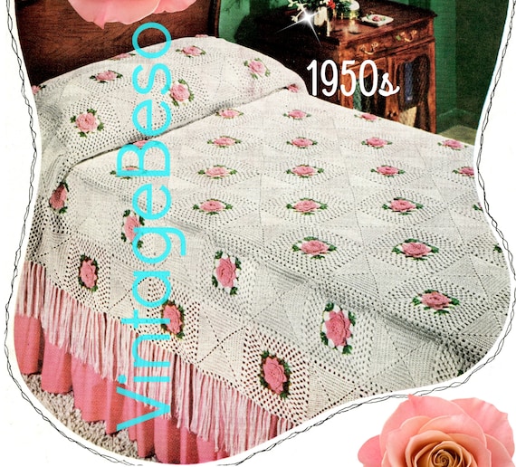 Rose Afghan Crochet Pattern • Vintage 1950s ROSE Bedspread • Popular! • Retro • Granny Square Motif Style • Watermarked PDF Only