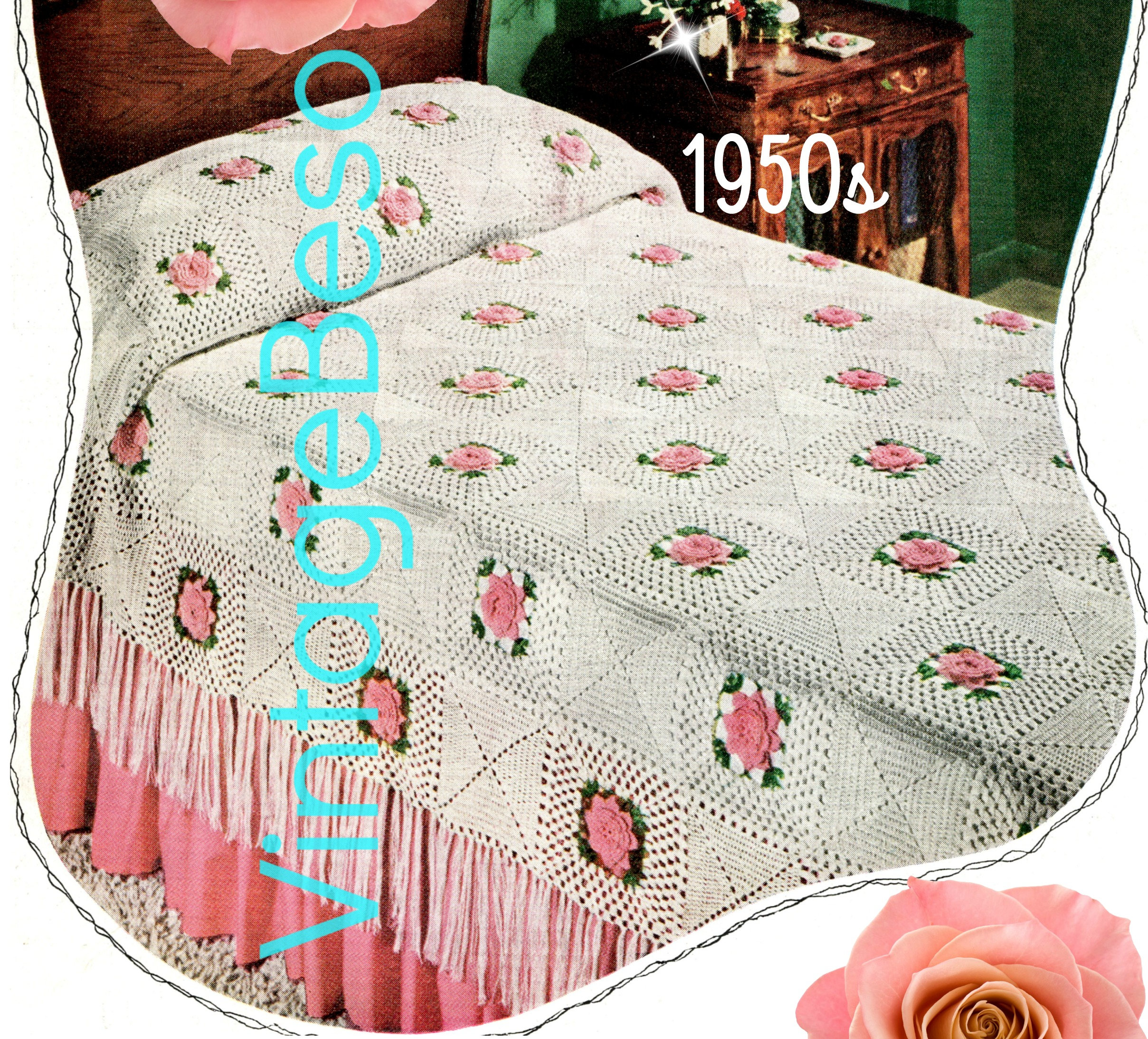 Crochet Flower Garden Afghan Pattern Vintage 1950s