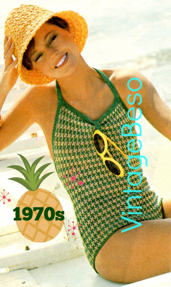 Checkered Bathing Suit KNITTING Pattern • Digital • 1970s Sexy Swimsuit Maillot • Vintage One Piece Swimwear • Watermarked PDF Pattern