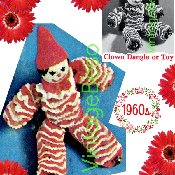 Clown Dangle Toy CROCHET Pattern • vintage 1960s Soft Pal Crochet Pattern • Happy Clown Pattern • Filigrane PDF uniquement