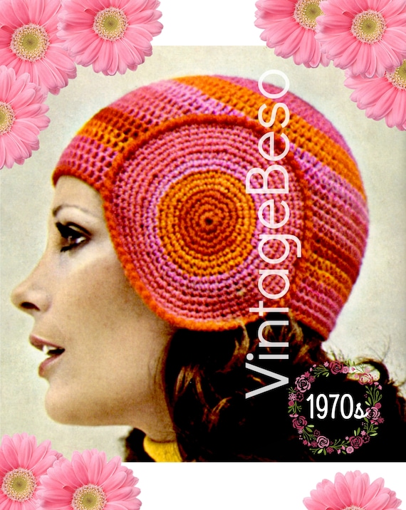 Cap Crochet Pattern • 1960s Vintage Hippie Pattern • Stylish Hat • Earmuff • Circle Stripes • Retro Mod Bonnet • Boho • Watermarked PDF Only