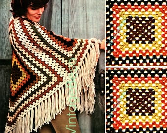 Crochet PATTERN • Vintage SHAWL 1970s Easy Beginner Granny Square Crochet Pattern Wrap Coat Jacket VintageBeso • Watermarked PDF Only