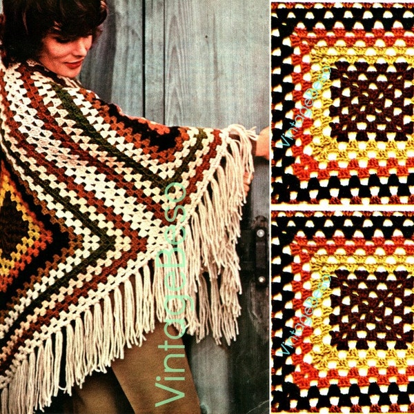 Crochet PATTERN • Vintage SHAWL 1970s Easy Beginner Granny Square Crochet Pattern Wrap Coat Jacket VintageBeso • Watermarked PDF Only