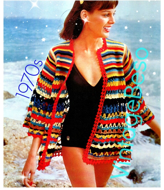 Beach Jacket CROCHET Pattern • Vintage 70s Cover Up • Retro Summer Sweater • Striped ZigZag • Sexy Ladies Wear • Watermarked PDF Only