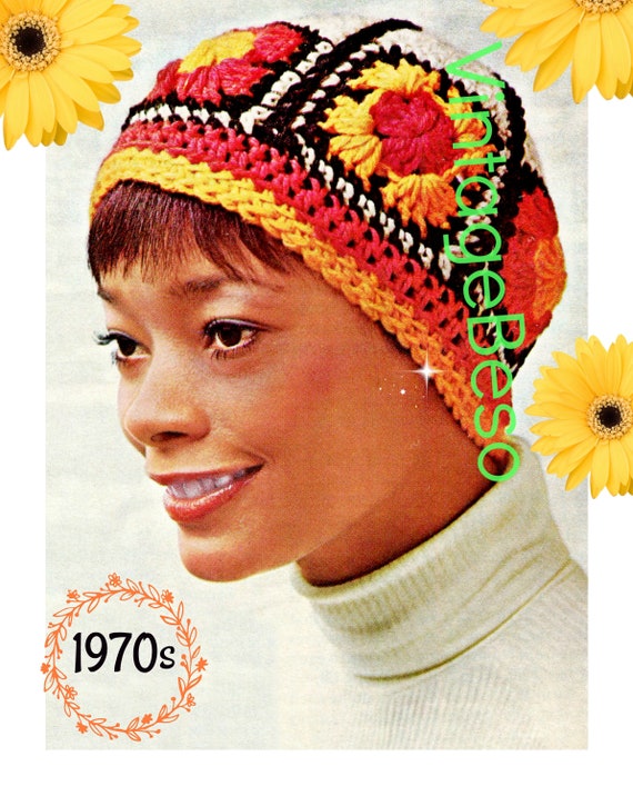 Hat Crochet Pattern • Vintage 1970s Granny Square Hat • Folk • Boho Cap • Colorful Gypsy Cap • Watermarked PDF Only