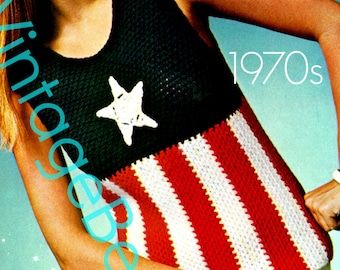 Vintage 70s Crochet Top PATTERN • American Star Patriotic • Watermarked PDF Only