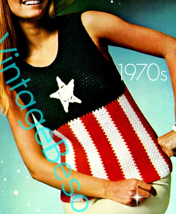 Top Crochet PATTERN • Vintage 70s American Star Patriot Ladies 4th of July USA American Flag Summer Patriotic • Watermarked PDF Only