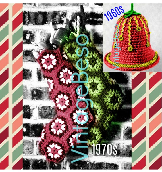 Easy Stocking and Bell Crochet Pattern Vintage 70s • Christmas Bell Crochet Pattern • Retro 60s Xmas Bell Ornament • Watermarked PDF Only