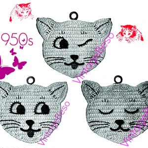 May include: Three gray crocheted cat ornaments with black facial features. The cat ornaments have a loop at the top for hanging. The text "1950s" is visible in the image.