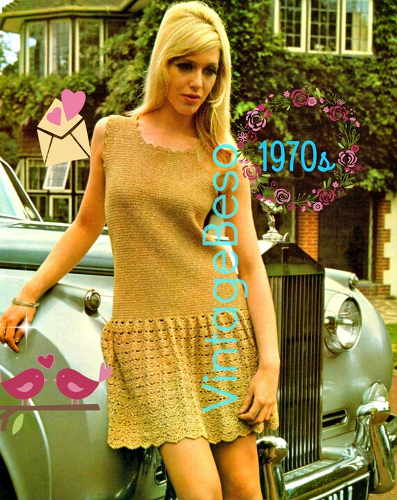 Dress Crochet Pattern • Vintage 1970s Party Dress • Lady in Gold • Cocktail Dress • Mini Dress • Mod Dress • Watermarked PDF Only