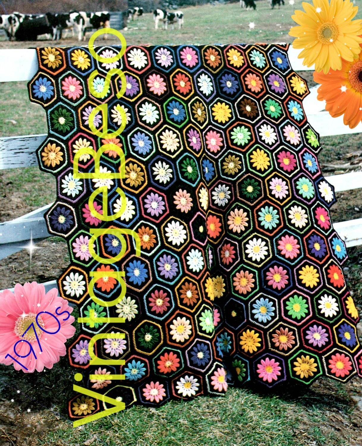 EASY Afghan Crochet PATTERN Vintage 70s Afghan She Love Me Loves Me Not
