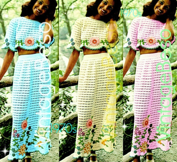 Sexy Crochet PATTERN • Vintage 1970s Midriff Top Skirt Set • Crop Top Crochet Pattern • Skirt Crochet Flower • Watermarked PDF Only