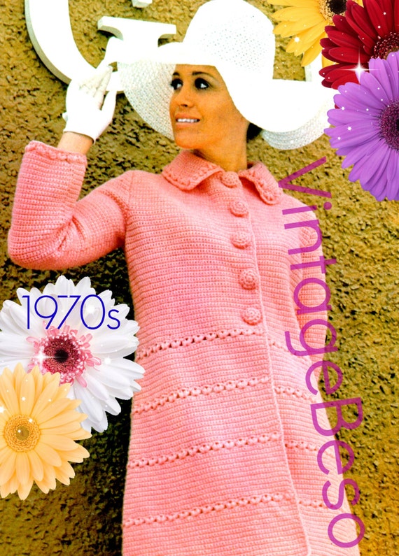 Coat Crochet Pattern • 1970s Pink Coat • Vintage Crochet Pattern • Retro Ladies Jacket Pattern • Watermarked PDF Only