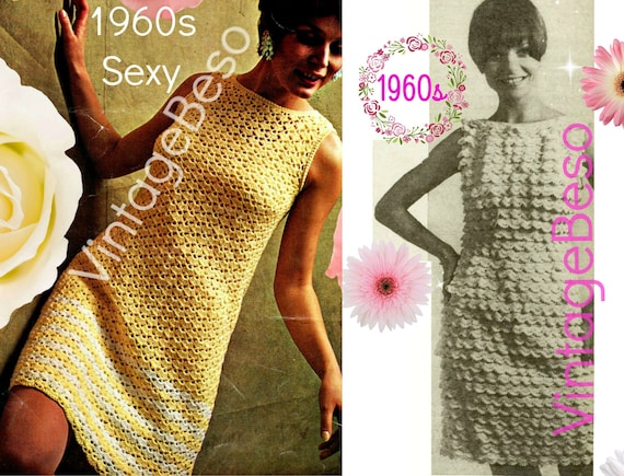 EASY Dresses Crochet Pattern • 2 Crochet Patterns • Vintage 1960s • Make Sherbert Striped Party Dress + BAND Dress • Watermarked PDF Only