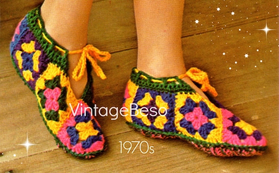 EASY Slippers Vintage Crochet PATTERN • Vintage 1970s Granny Square Slippers + Fun Hair Ponytail • Watermarked PDF Only