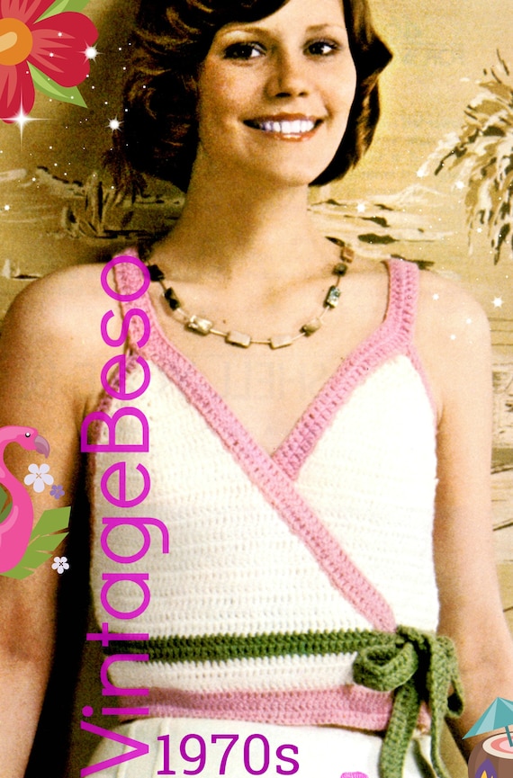 Wrap Top CROCHET Pattern • Vintage 1970s • Sleeveless Summer Top • Feminine Bow Tie • Ladylike and Sexy • Watermarked PDF Only