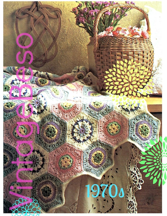 EASY Afghan Crochet PATTERN Vintage 70s Pastel Hexagon Afghan Throw octagon flowers afghan blanket Hippie Retro • Watermarked PDF Only