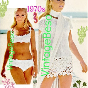 Flower Bikini Crochet Pattern + Flower Beach Dress Pattern • 1970s Vintage CROCHET Pattern • Summer Ladies Swimwear • Watermarked PDF Only