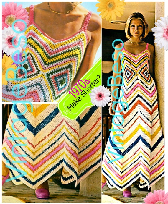 Sun Dress Crochet Pattern • Vintage 1970s Chevron Maxi Dress Crochet Pattern + 1950s Free Gift VintageBeso Zig Zag • Watermarked PDF Only