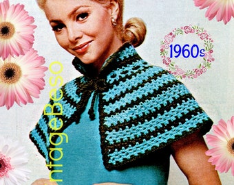 Könnte beinhalten: Ein Vintage-Häkelmuster für einen blau-braunen gestreiften Schal mit Schleifen-Detail. Das Muster stammt aus den 1960er Jahren.