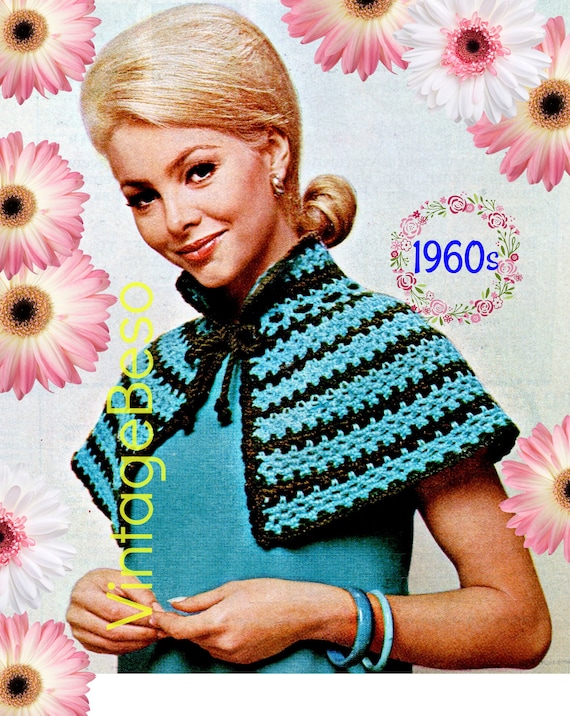 Cape Crochet Pattern • 1960s Crochet Pattern • Ladies Striped Short Cape • Lovely Shoulders Cover • USA Crochet Terms • Watermarked PDF Only