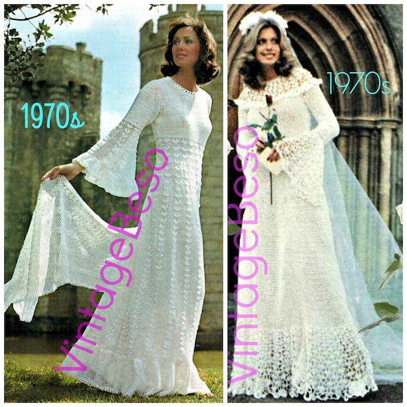 2 Medieval Wedding Dress Crochet Pattern Sweeping Stole Wrap 70s Fairy Tale Angel Wing Juliet Style Wedding Dress • Watermarked PDF Only
