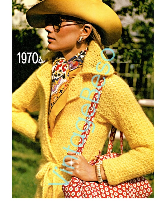 Yellow Wrap Coat Crochet Pattern • Vintage Crochet Pattern • 1970s Ladies Stylish Chic Sleek Sassy Saturday Lady • Watermarked PDF Only