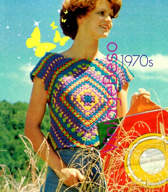 EASY Top Crochet Pattern • Retro 1970s Granny Slip On Crochet Pattern • Crop Top • Diamond • Square • Fun Summer Top • Watermarked PDF Only