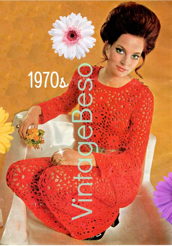 Dress and Pantsuit Crochet Pattern • 1970s Vintage Crochet Pattern • Top Pattern • Sexy Boho Flower Clothing • Watermarked PDF Only