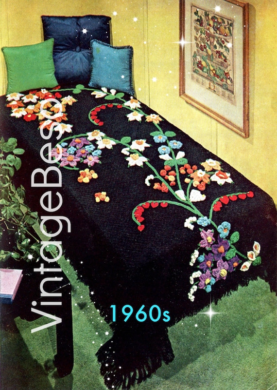Bedspread CROCHET Pattern • Boho 1960s • Gorgeous Flowers • Afghan Pattern • Blanket Cover Cala Lily of the Valley • Watermarked PDF Only
