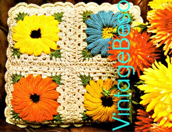 1970s Pillow Crochet Pattern • Posy Flower • Pillow Cover • Granny Square • Sunflower • Daisy Big Flower Pillow Cover • Watermarked PDF Only