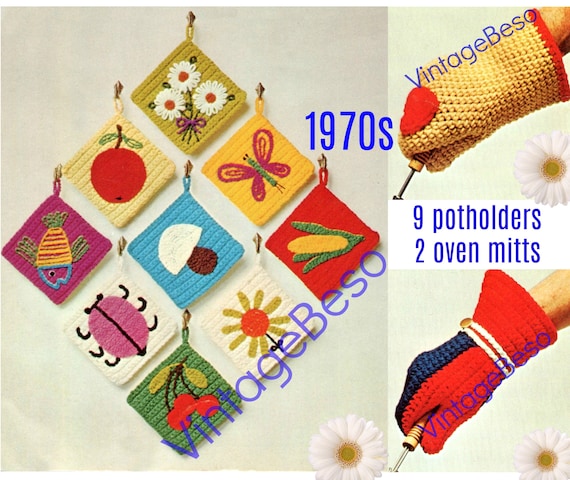 9 Potholders + 2 Oven Mitts Crochet PATTERN • 1970s Flowers Heart Butterfly Apple Fish Cherry Ladybug Mushroom Fish • Watermarked PDF Only