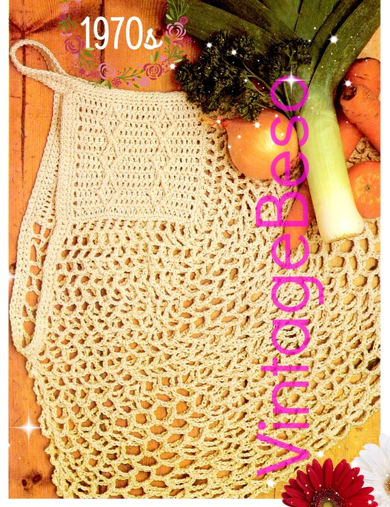 Tote Bag Crochet Pattern • Reusable Grocery Bag • 1970s Vintage • Mesh Tote • Retro Yarn String or Twine Bag Green • Watermarked PDF Only