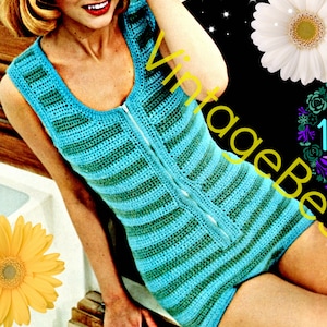 May include: A vintage crochet swimsuit with a zipper down the front. The swimsuit is striped in blue and green.