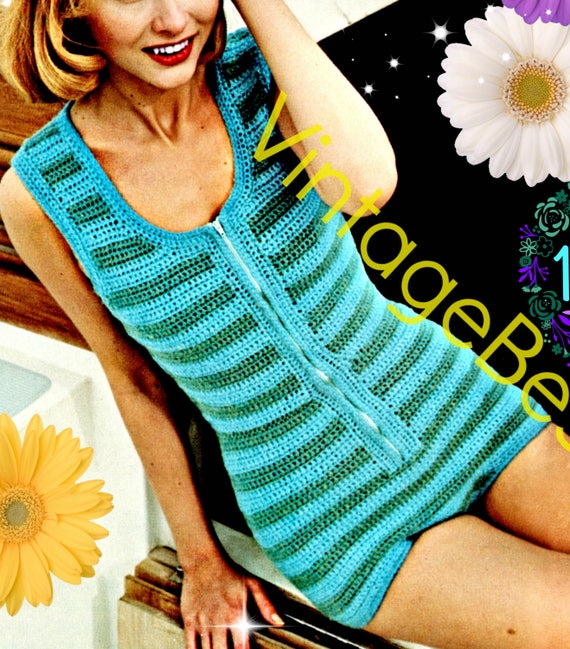 Retro Sexy Beach PLAYSUIT ROMPER • 70s Vintage Crochet Pattern • Sunsuit Unitard • Maillot Striped One Piece Leotard • Watermarked PDF Only