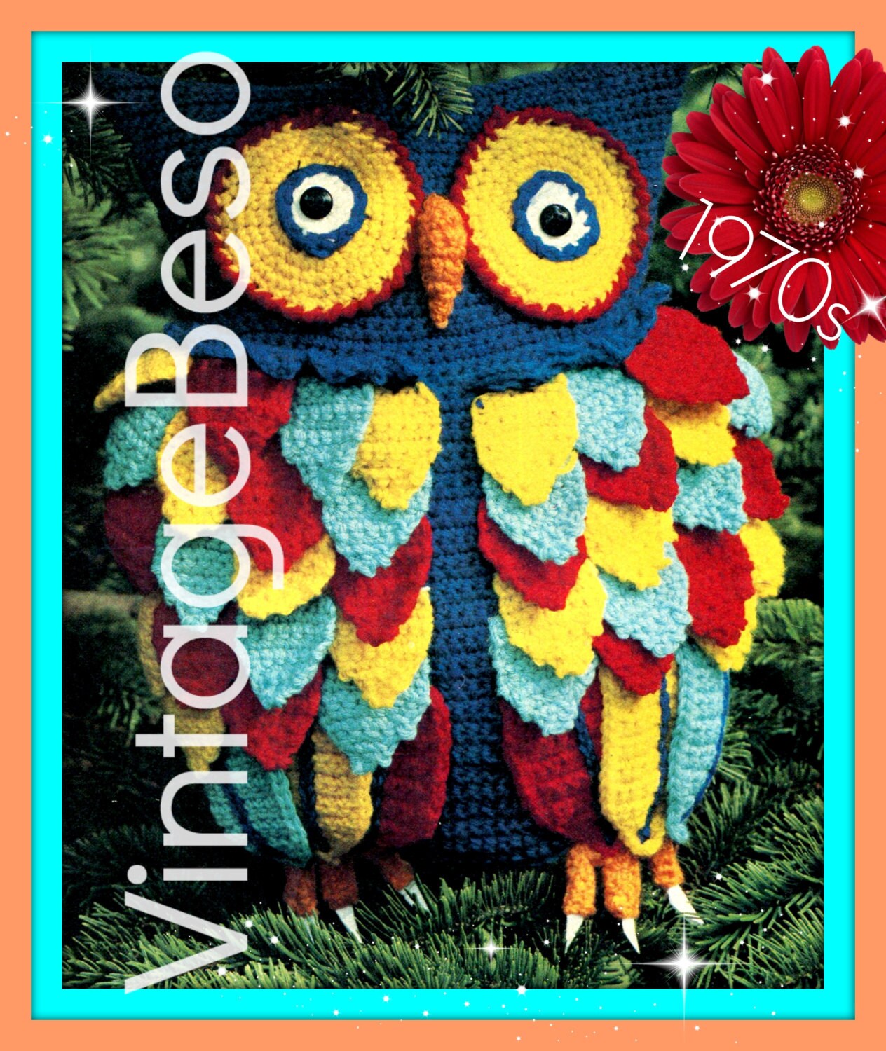 Digital Pattern Owl Crochet Pattern Retro 1970s Owl Pillow