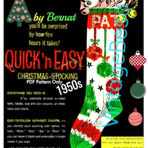 May include: A vintage 1950s Christmas stocking pattern featuring a red, white, and green stocking with a polar bear peeking out of the top. The pattern includes instructions for making the stocking using 3 ounces of washable all-wool worsted yarn, bells, beads, cup and star sequins, and easy-to-follow alphabet charts. The text "Quick'n Easy Christmas Stocking" is printed in red and white.