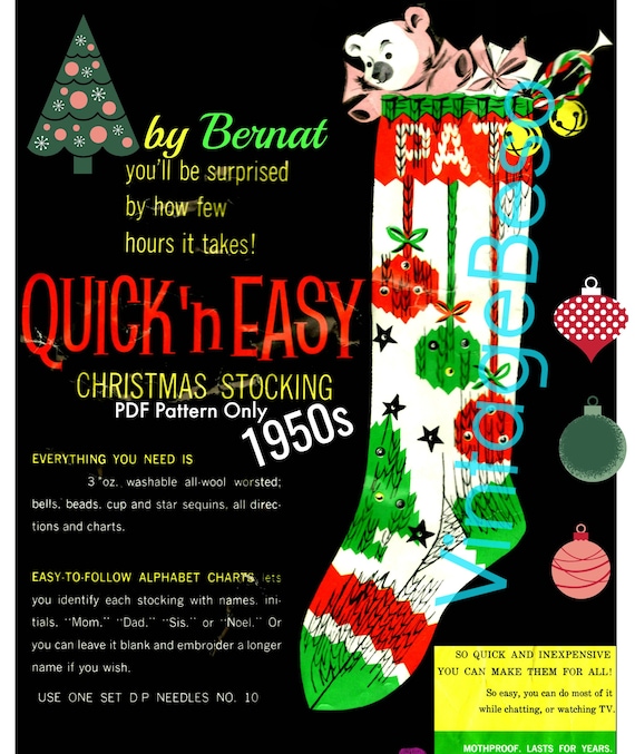 RARE Christmas Knitting Pattern • Tree Ornaments Stocking • Bernat • Watermarked PDF Pattern Only • 1950s Vintage Knit Pattern • Retro Xmas