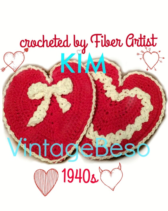 Heart Potholder Crochet Pattern • 1940s Crochet Pattern • Pattern Used by Bomb Girls in 40s bow Love • Valentines Day • Watermarked PDF Only