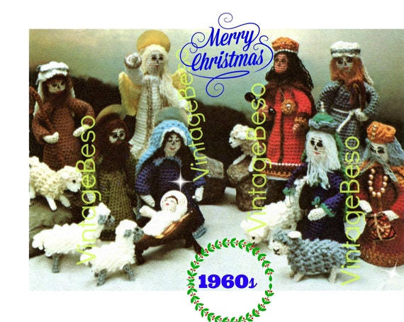 Nativity Crochet PATTERN • Vintage 1960s • Virgin Mary Baby Jesus Joseph Angels Three Kings Creche Pattern • Watermarked PDF Only