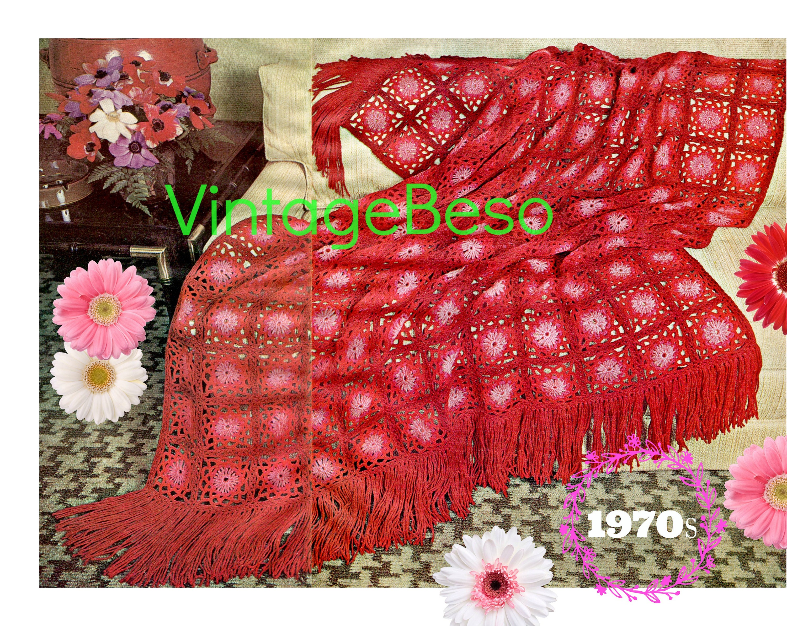 Download EASY Rosette Afghan Pattern • Afghan CROCHET Pattern • Vintage 1970s Boho Home Decor • Blanket ...