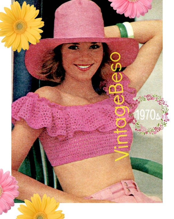 Top Crochet PATTERN • Off the Shoulder Pink Ruffle Crop Top • Vintage Sexy Top • Vintage 1970s Blouse Pattern • Boho • Watermarked PDF Only